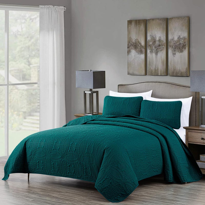 Chezmoi Collection Austin 3-Piece Oversized Bedspread Coverlet Set (King, Teal) - Image 1